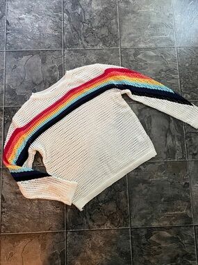 Open Knit Boho Sweater Unique Vibrant Rainbow Detailing Coastal Casual Colourful